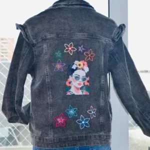 Chaqueta Mezclilla Gris– Diseño Frida Estampada Bordada – Talla S- Colección Primavera Verano