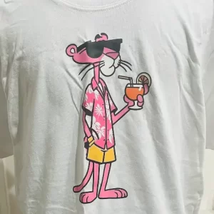 Polera Blanca Manga Corta Hombre Pantera Rosa – Talla L – Algodón Suave