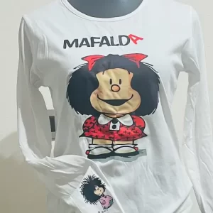 Polera Blanca Manga Larga Mujer Mafalda – Talla L – Algodón Suave