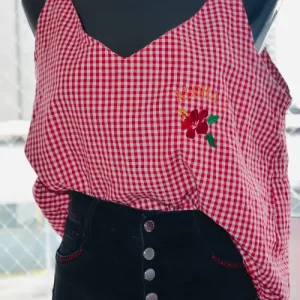 Polera Roja Cuadrille Mujer – Diseño Flor Bordada-Talla M/L