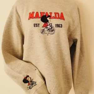 Polerón Clásico Gris Mafalda – Detalle en Manga – Talla M – Algodón Premium